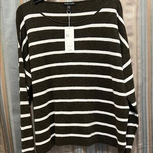 Eileen Fisher Olive and White Striped Long Sleeve Top